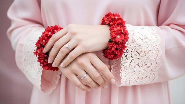 Delicate close up of a bride's hands adorned with vibrant red floral bangles and elegant silver engagement rings over a soft pink garment.