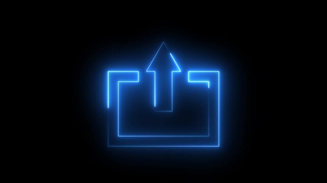 Neon blue color File Upload sign icon animation glowing up arrow network database internet collection icon with black background