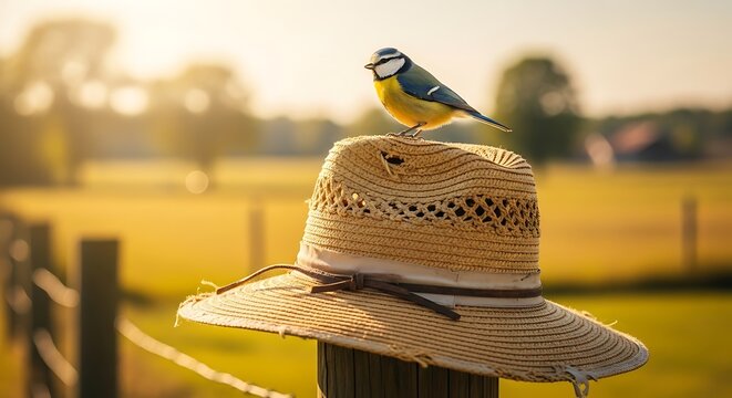 Small Blue Tit Bird Perched on a Straw Hat in a Sunny Field.