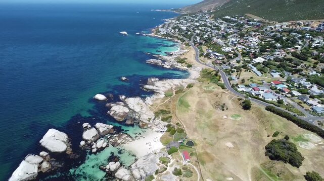 Aerial view of the coastline and ocean in Simon's Town near Boulders Beach, Cape Town, South Africa