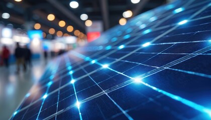 Solar panel detail with glowing cells in exhibition hall. Clean energy tech displayed at trade show event. Future power innovation shown for green industry.