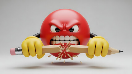 Angry red emoticon character breaking pencil with yellow hands on white background