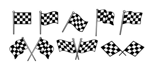Collection of racing checkered flag vector illustrations in multiple poses, perfect  for motorsport designs, badges, posters, and speed-themed designs.