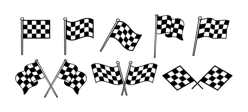 Collection of racing checkered flag vector illustrations in multiple poses, perfect  for motorsport designs, badges, posters, and speed-themed designs.