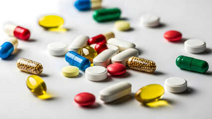 Assorted pharmaceutical capsules and tablets scattered on a white surface, viewed from above