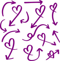 Collection of hand drawn purple heart arrows symbolizing love and direction, arrows with heart doodle icons