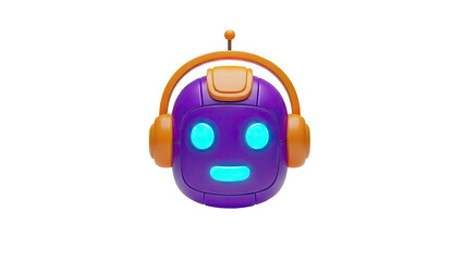 Fototapeta premium Cute robot head with headphones and glowing eyes on transparent background
