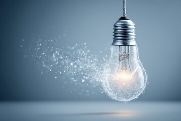 Conceptual Light Bulb Disintegration on Gray Background Innovation and Transformation Idea Generation Creativity Solution Sparking Light and Digital Fragmentation