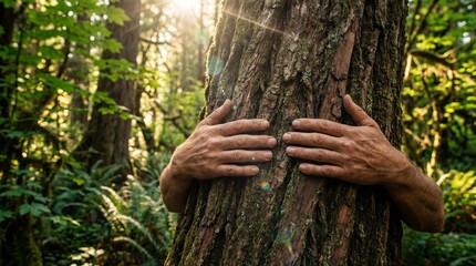 Hands embracing a large tree trunk in a sunlit ancient forest. Concept for environmental protection, nature therapy, forest bathing, ecological awareness, and the deep connection between humans and Ea