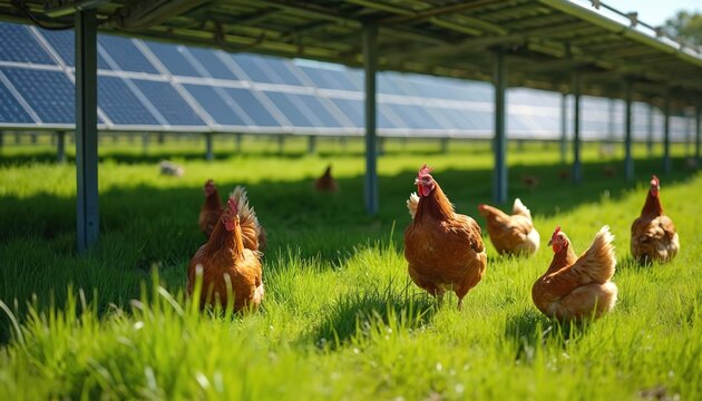 Free range chickens forage on green grass under solar panels. Dual use farming integrates poultry with renewable energy production, showing sustainable agriculture. Sun shines brightly on the pasture.