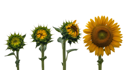 Four sunflowers showcasing their complete growth stages from tight bud to magnificent full bloom, isolated on transparent background
