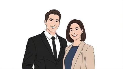 A cheerful cartoon illustration shows a friendly business man and woman smiling happily side by side.