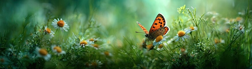 Obraz premium Butterfly on daisies in green field nature scene artistic composition
