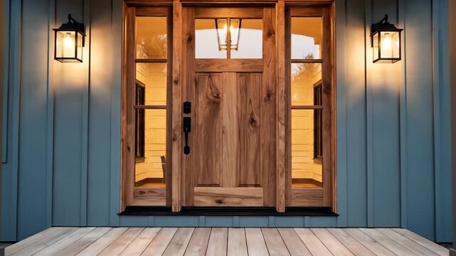 Modern home exterior with wooden front door and porch lights on