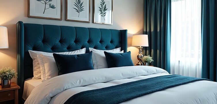 Modern bedroom with teal tufted headboard bed neatly made with white linens and dark pillows. Beside table features lamp and small plant. Teal curtains frame bright window.