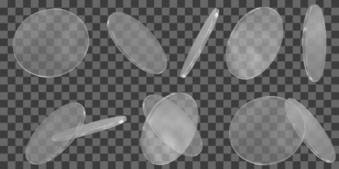 3d glass transparent coin, disk, podium or shape element with different angles. Realistic circle figure. Y2 abstract element. Stock vector illustration on isolated background.