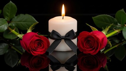 Fototapeta premium A lit memorial candle with a black ribbon and red roses on a reflective surfaceю. AI generated.