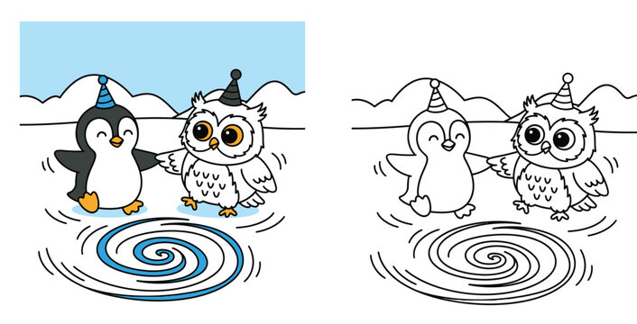 Cute penguin and owl dancing on ice with party hats coloring page. Vector illustration of winter birds for kids activity book with outline.