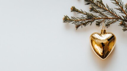 Golden Heart Ornament Hanging on Pine Branch on White Background Christmas Decoration Holiday Season Celebration Festive Mood Still Life Minimalist