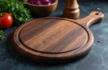 Fototapeta premium Round empty wooden cutting board with handle on dark counter. Ingredients like tomato and parsley nearby for meal prep. Kitchen utensil for cooking and serving.