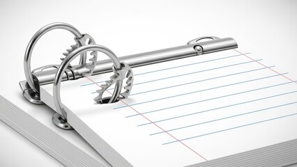 Close-up of a metal binder ring mechanism holding blank lined paper sheets.