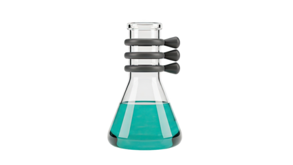 Erlenmeyer flask with blue liquid and clamp on transparent background