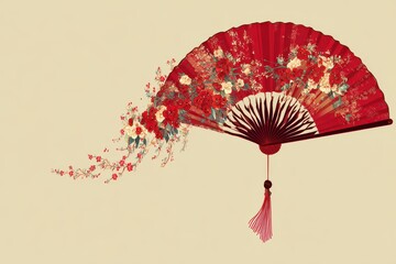 Intricate Red Folding Fan with Floral Motif and Decorative Tassel Against Neutral Beige Background, Showcasing Delicate Design in Pixel Art Style, Oriental Concept