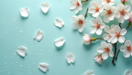White cherry blossoms, petals scatter on bright teal background. Soft natural springtime beauty, delicate floral decor, fresh botanical arrangement, clean minimalist style. Gentle romance, peaceful
