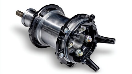 Metallic Mechanical Component with Multiple Outlets and Complex Reflective Surface Isolated on White