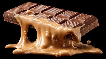 Melting Milk Chocolate Bar with Creamy Filling on Black Background, Food Still Life, Sweet Indulgence, Delicious Dessert, Gourmet Treat
