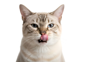 Fototapeta premium Cream Tabby Cat Licking Mouth, Satisfied Pet Portrait, Isolated Feline Expression on white background