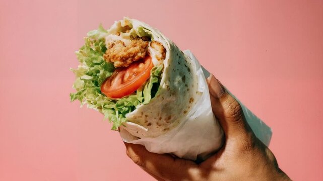 Close up of a fresh wrapped sandwich held in a hand against a clean studio background showcasing vibrant ingredients taste and convenience ideal for fast casual restaurant promos delivery ap