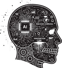 Obraz premium Black and white illustration symbolizing artificial intelligence mind processing technology