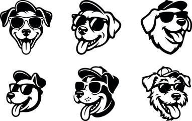 dog logo set with sunglasses, cool pet head mascot black and white vector, modern dog head logos, trendy pet mascot