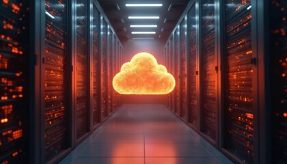 Data cloud floats above server racks in dark futuristic computer room. Orange lights blink on servers, creating data flow illusion. Tech infrastructure powers digital information.