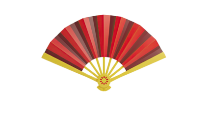 Folding fan with red and yellow elements on transparent background