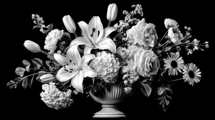 Monochromatic Floral Arrangement with Mixed Blooms and Elegant Urn on Black Background