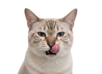Fototapeta premium Feline portrait, domestic cat licking nose. Curious animal expression on white. on white background