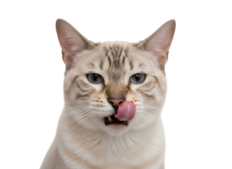 Feline portrait, domestic cat licking nose. Curious animal expression on white. on white background