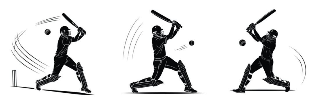 Cricket batsman silhouette vector illustration, dynamic cricket player batting action isolated on white background