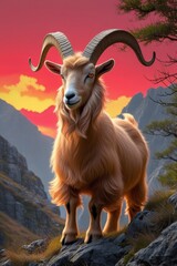 Obraz premium Sacred Fire Goat at Sunrise – Mountain Pass, Red Rays, Symbol of Zodiac Year and Renewal