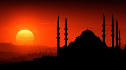 Silhouette of a Mosque at Sunset with Orange Sky and Mountain Range