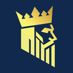 golden royal lion head logo with crown, modern geometric lion king emblem in gold gradient