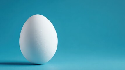 Single White Egg Standing Against a Soft Blue Background in Studio Lighting, Minimalist Easter Concept
