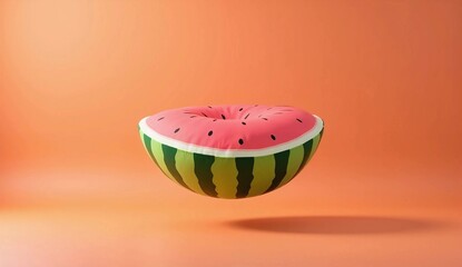 Floating Watermelon Shaped Cushion on Orange Background