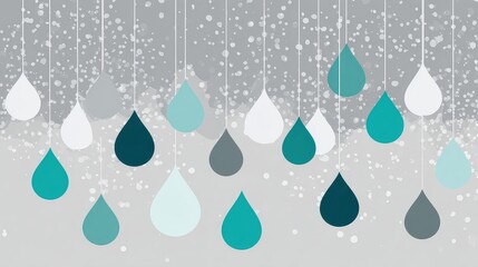 Teal and Gray Droplet Arrangement on Pale Gray Background with Falling Snow Abstract Background Texture