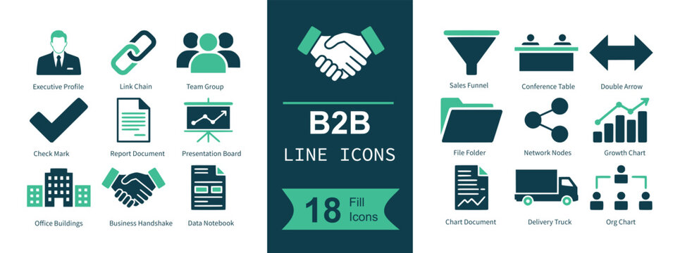 B2B line icon set. Containing businessman, chain link, team, handshake, funnel, meeting, arrow, checkmark, document, presentation, building, contract, checklist, folder, network, growth chart, invoice