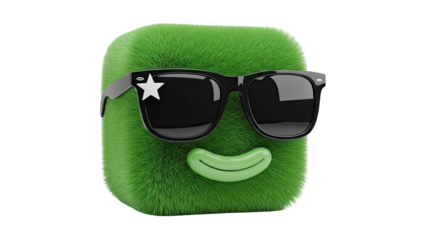 Furry Green Character Wearing Sunglasses and Smiling on transparent background