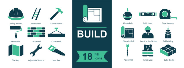 Build icon set. Containing hard hat, ladder, hammer, blueprint, plumb bob, level, tape measure, paint roller, brick wall, crane hook, brochure, wrench, saw, design plan, architect, skyscraper, drill b