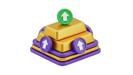 Gold bars and coins with up arrows on transparent background